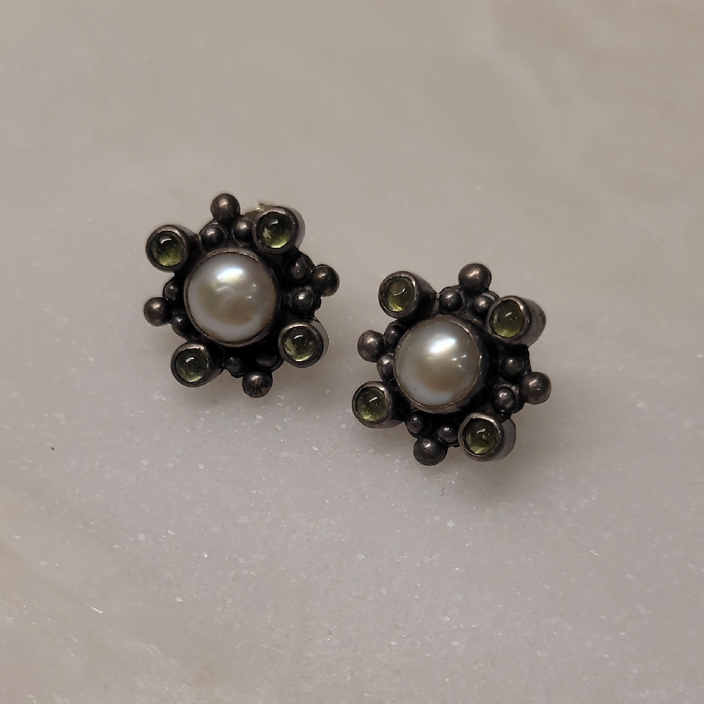 Sterling Pearl and Green Gemstone Floral Stud Earrings - Women Jewelry